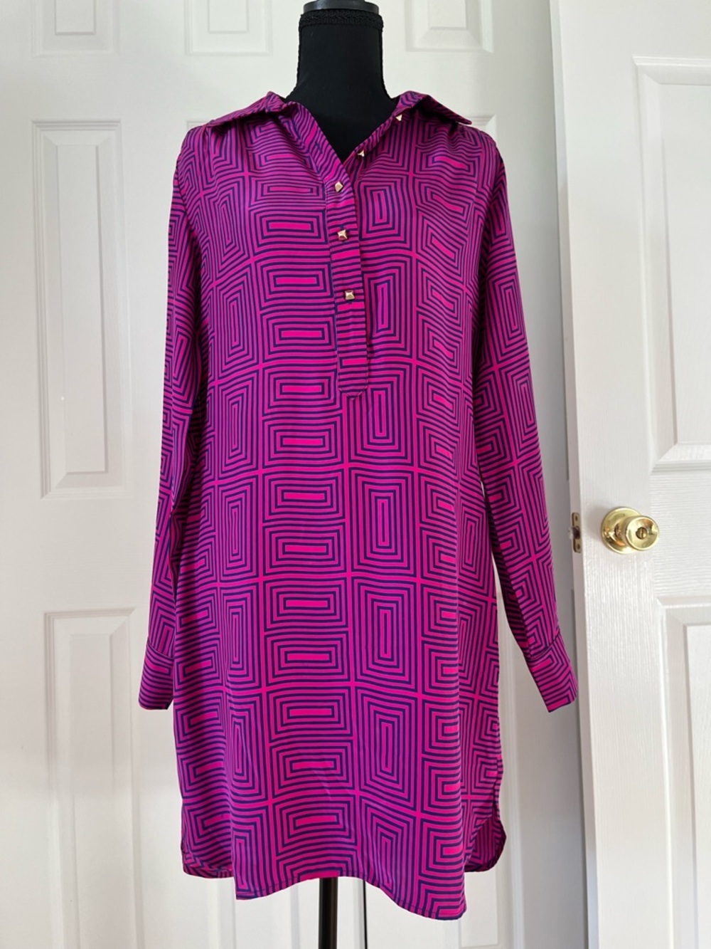 Britt Ryan Silk Tunic Dress Small Pink Navy Geometric Print